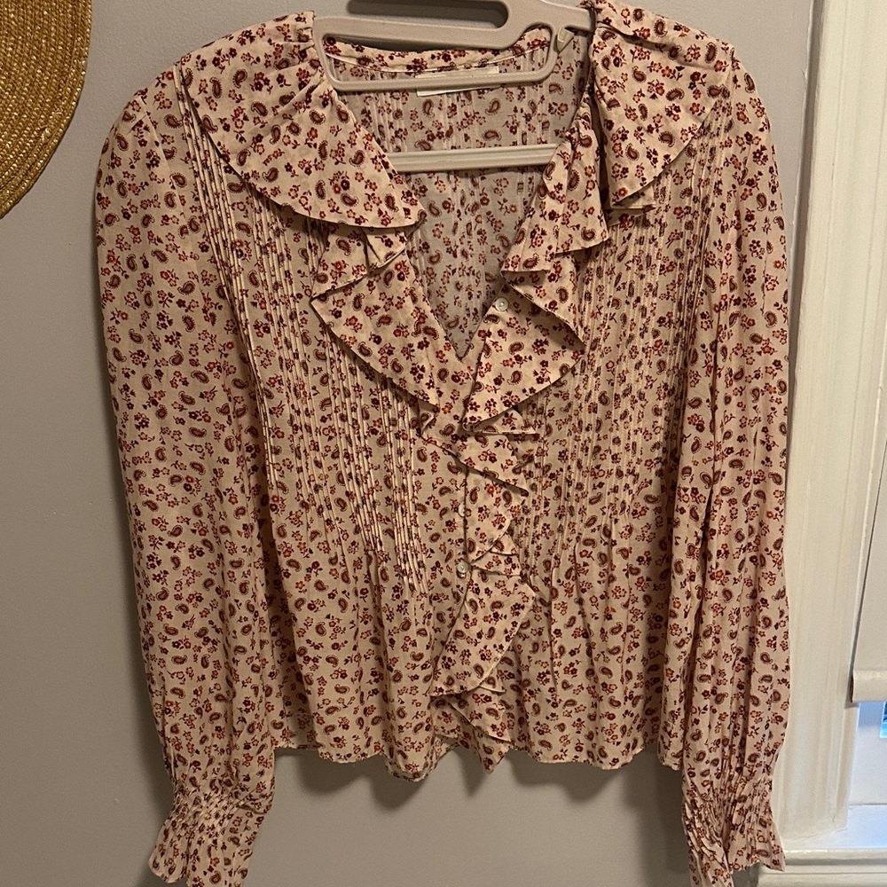 Doen Cream and Red Floral Ruffle Blouse